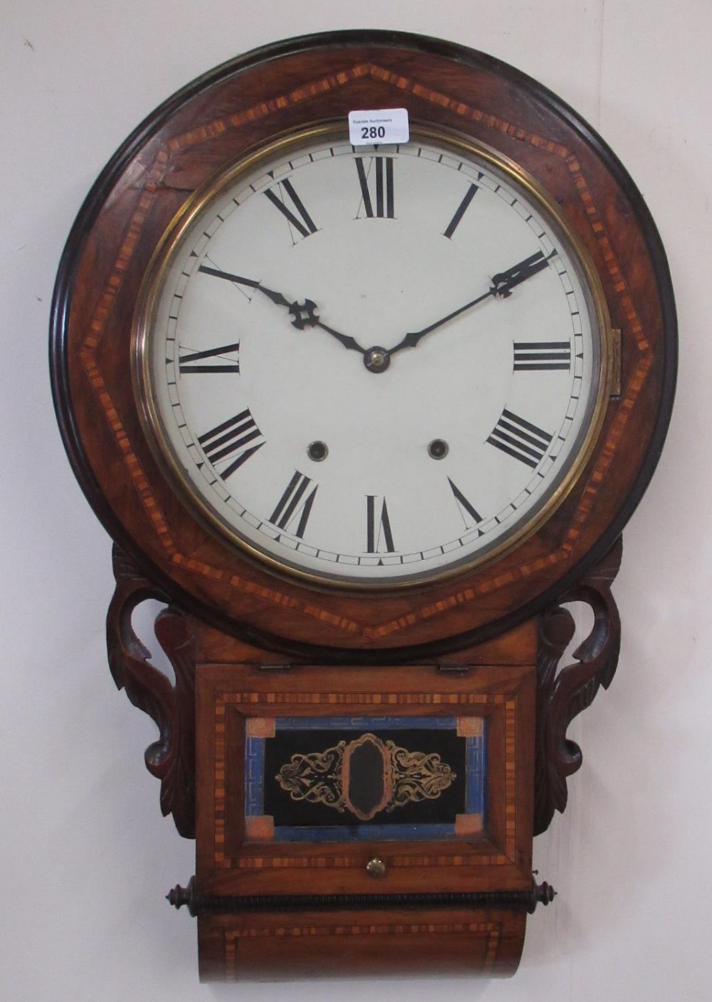 Jerome and Company Superior 8 day Anglo-American clock, late C19th inlaid walnut drop dial wall