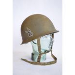 A French Army 1951 (MS1) post WWII rear seam steel helmet, with liner, straps etc. Unit logo on side