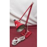 Herbert Terry red angle poise lamp, with square stepped base, makers mark to the base, showing signs