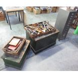 Bisley style 12 drawer painted steel office filling cabinet containing drill bits, screws, etc,