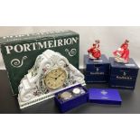 Boxed Portmeirion large Botanic Garden quartz mantle clock, boxed Edinburgh crystal Royal Mint