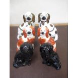 Three pairs of Staffordshire type spaniels, lustre, brown and black decorated, H24cm max (6)