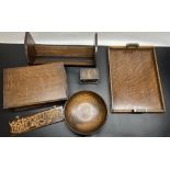 Art Deco period medium oak tea tray with Bakelite and silver plated EPNS handles, W45cm D32cm,