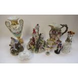 Collection of Continental ceramics incl. two handled vase, large figure group, Italian jug with