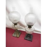 Late C19th oil lamp with clear and frosted glass shade with Greek key decoration, clear faceted