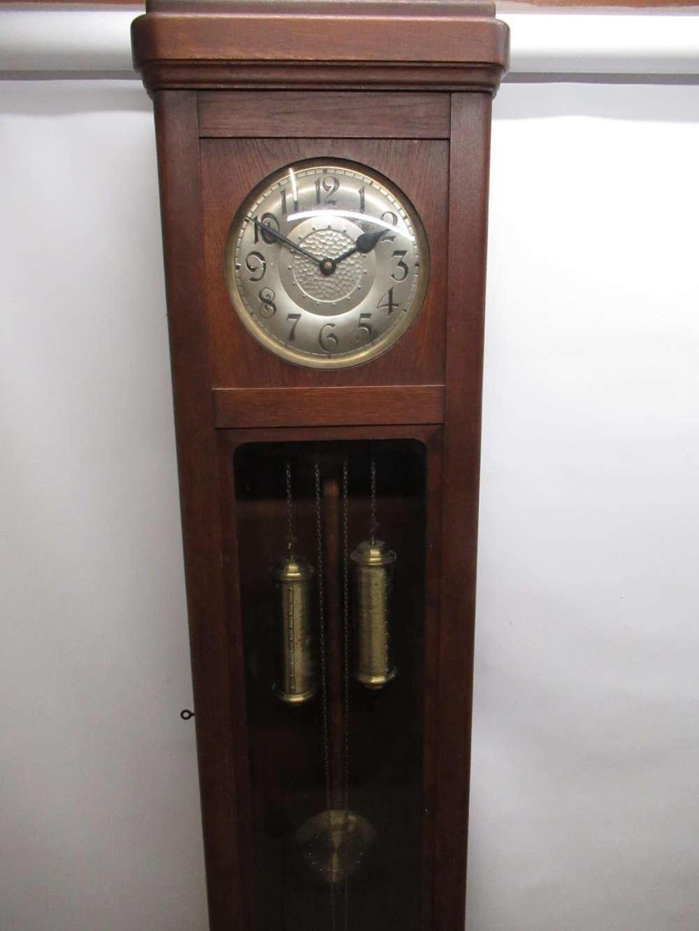 1930's Villinger Hausuhrenfabrik oak long cased clock, full length door enclosing silvered Arts