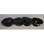 4 US Air Force officers crusher caps, 2 by Flight Ace USA (one with broken strap), 1 by Luxenberg