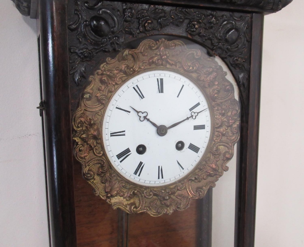C19th French rosewood cased wall clock, case with carved decoration and acanthus floral pediment, - Image 2 of 5