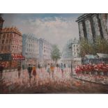 Burneti mid C20th Parisian street scene, oil on canvas, unframed 92 x 63.5