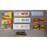 Seven boxed modern Dinky/Atlas Editions die-cast vehicles, 2 vintage Matchbox Scammell mobile cranes
