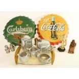 Piquot Ware tea service, Carlsberg and Coca Cola tin signs and other misc. collectables, (qty)