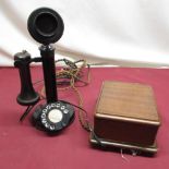 1930's black painted and bakelite candlestick dial telephone with mahogany bell box, H32cm