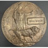 WWI memorial plaque/death penny awarded to Edwin Bradley