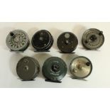 Seven fly reels to include JW Young Landex, Shakespeare Beaulite, Trutta 5200, JW Young Condex,