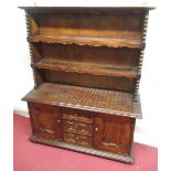 Late C20th miniature Welsh dresser, two open shelves, with turned bobbin spindles, over three