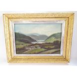A. Harris (British C20th); Extensive lakeland landscape with village, tower and figures, oil on