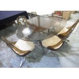 Retro Late 1960s/early 1970s dining table set with smoky glass oval top supported on twin chrome
