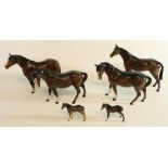 Collection of Beswick brown gloss Stallions, mares and foals (6)