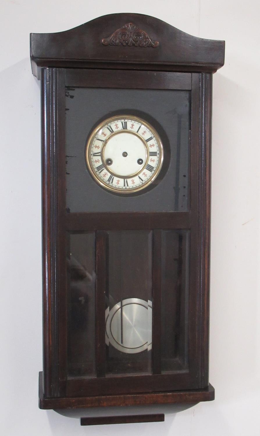 Early C20th oak cased wall clock, with glazed panelled door, W34cm D18cm H76cm, late C19th walnut