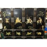 Chinese style black lacquer four section folding dressing screen, H131cm