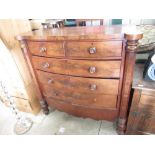 Victorian mahogany bow front chest of two short and three long drawers, on turned feet, W135cm D52cm