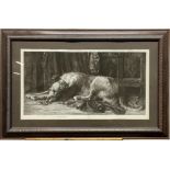 After Herbert Dicksee (British 1862 - 1942); In Memorium, resting Wolfhound, monochrome print,