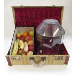 Collection of waxed fruit apples, bananas etc (15), small atrium H38cm and a Vintage leather bound
