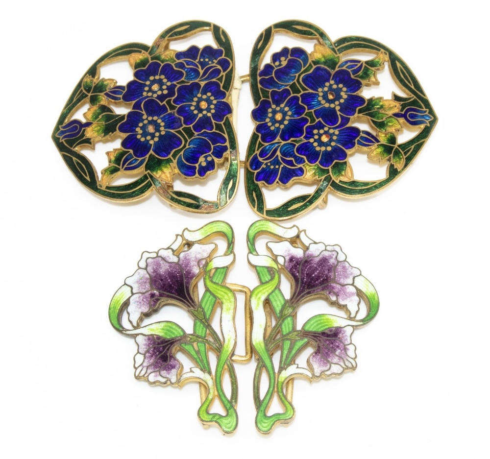 Early C20th ladies gilt metal and enamel belt buckle, similar later enamelled belt buckle