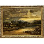 R. Hogg (British early C20th); Tintern Abbey in a moonlit river landscape, oil on canvas, signed