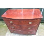 C19th mahogany bow front chest with three long drawers, brass drop handles on bracket feet, W106.5cm
