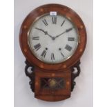 Late C19th/early C20th American inlaid walnut drop dial wall clock, brass bezel enclosing painted