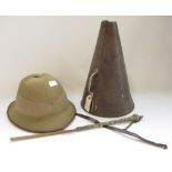 Tress & Co. London 'The Aura' pith helmet, Indian riding crop with white metal handle, and an