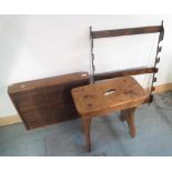 C20th oak rod rack, waxed pine rustic stool and a pine framed wall rack, W58cm H80cm max (3)