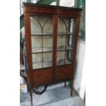 Edwardian inlaid mahogany two-door display cabinet on square supports, W90cm D33cm H175cm