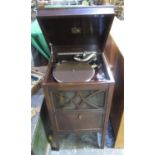 C20th HMV oak cased cabinet gramophone, with hinged lid and fall front, W45cm D41cm H86cm, two