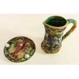 Palissy style majolica lobster/crayfish plate together with a Majolica jug (jug H20cm)