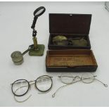 Early C19th mahogany cased apothecary scales with brass pans, early C20th magnifier with ball