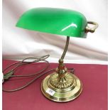 Concept Lighting C20th Victorian style bankers lamp with green tinted shade on circular brass