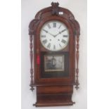 Late C19th American walnut cased wall clock, carved decorated case with inlaid Tunbridge wear