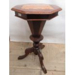 Victorian walnut trumpet shaped tripod sewing table, octagonal top inlaid with chess board, fitted