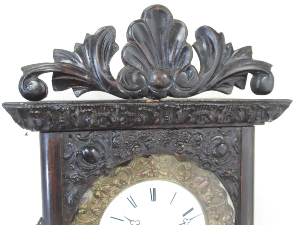 C19th French rosewood cased wall clock, case with carved decoration and acanthus floral pediment, - Image 3 of 5