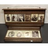 Early C20th carved mahogany cabinet card frame containing five cabinet cards, carved decoration,