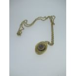 9ct yellow gold locket set with seed pearls and pale blue stone, stamped 375, on a 9ct gold chain,