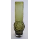 Whitefriars 'Haemorrhoid' 9829 textured glass vase in sage green colourway as designed by Geoffrey