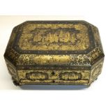 C19th Chinese Chinoiserie canted rectangular sewing box, all over decorated with figures in garden