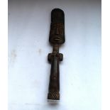 Carved wooden African figure of female with neck rings and elongated head, H55cm