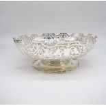 ER.11 hallmarked silver circular pedestal bowl, pierced in Victorian style with fans and scrolls, by