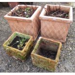 Pair of early C20th square planters with lattice bamboo design and another pair with acanthus