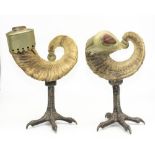 Pair of Antony Redmile rams horn table sculptures, silver plated mounts with Rhodocrosite Teardrop