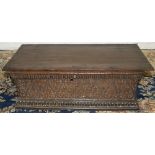 The Grange Goathland - C18th oak rectangular Bible box, hinged lid with carved panel front on